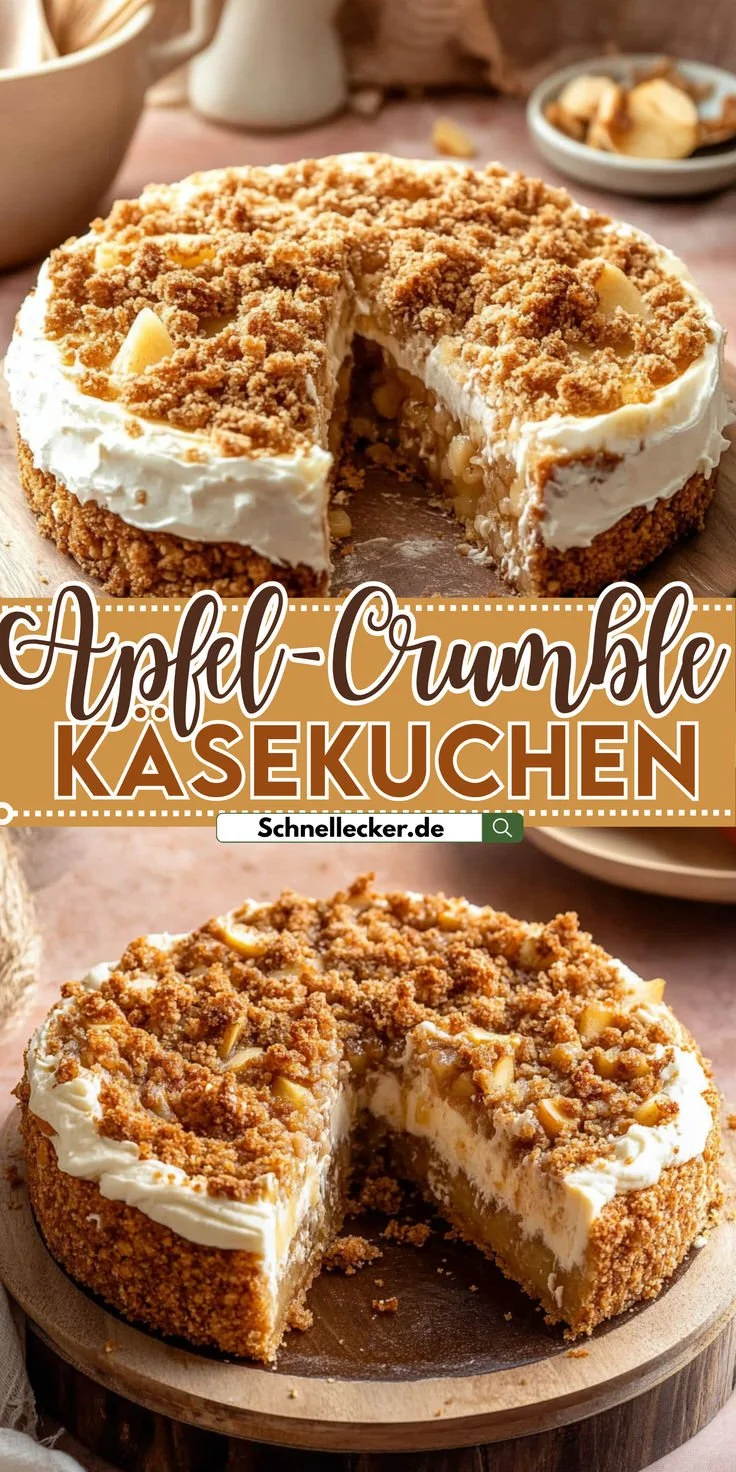 Apfel-Crumble-Käsekuchen frisch gebacken mit knusprigem Topping und cremiger Füllung