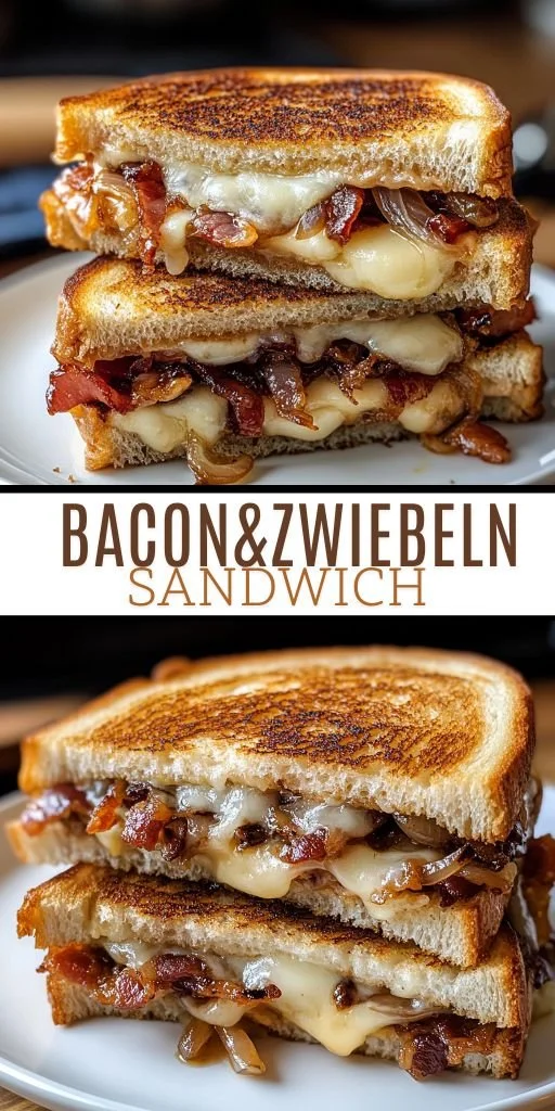 Bacon Sandwich mit karamellisierten Zwiebeln auf einem weißen Teller