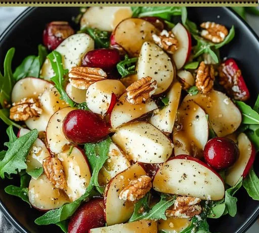 Birnensalat mit Balsamico-Dressing auf einem Holzteller
