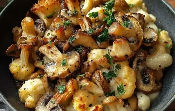 Leckere Blumenkohl-Champignons-Pfanne mit frischem Gemüse.