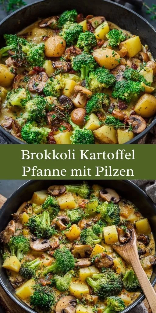Leckere Brokkoli-Kartoffel-Pfanne mit Pilzen auf einem Teller