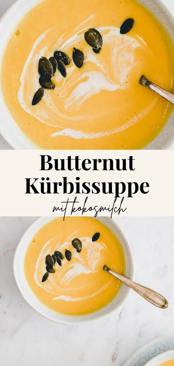 Butternut Kürbis Suppe mit Kokosmilch in einer Schüssel, garniert mit frischen Kräutern.