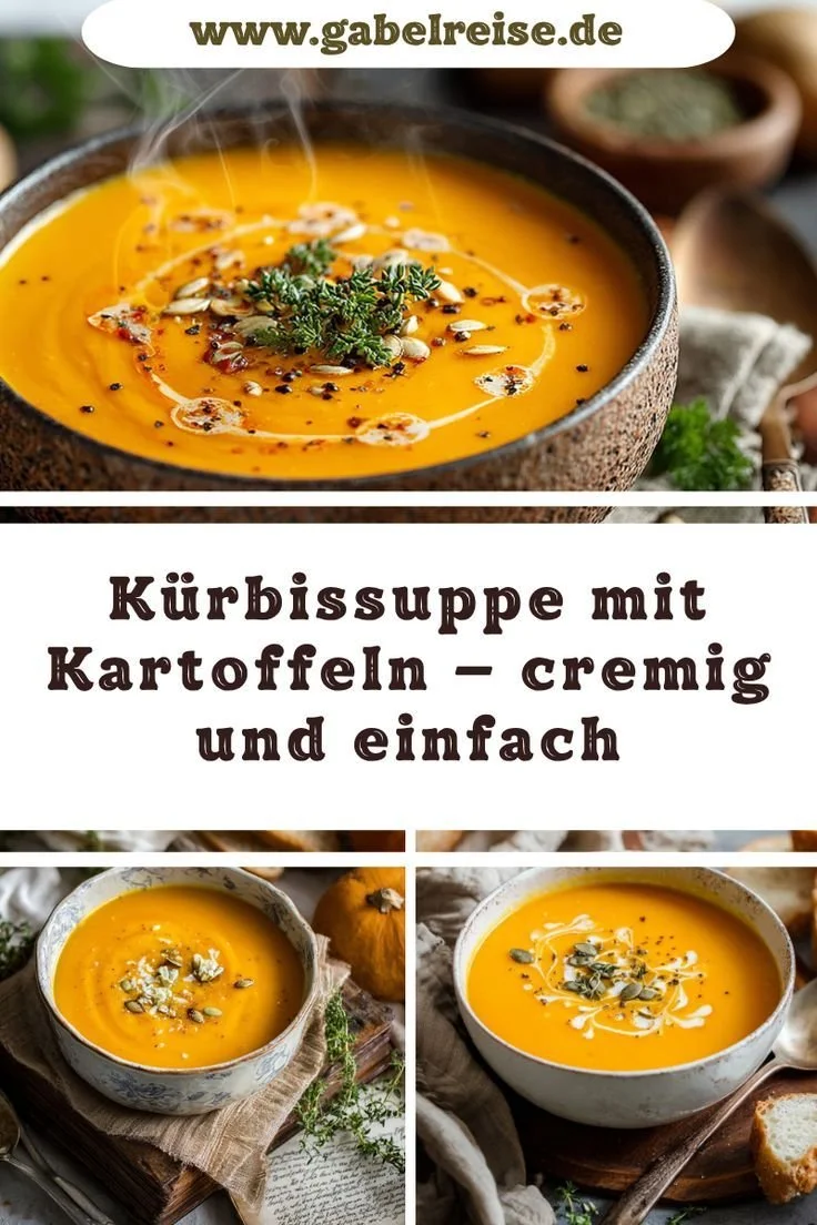 Cremige Kürbis-Kartoffel-Suppe in einer Schüssel serviert