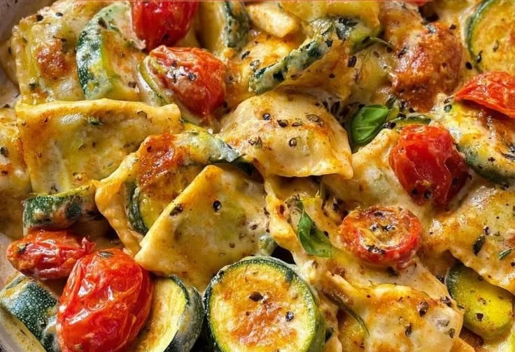 Cremige Maultaschenpfanne mit Zucchini und Tomaten auf einem Teller serviert.