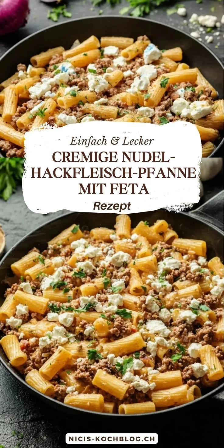 Cremige Nudel-Hackfleisch-Pfanne mit Feta auf einem Teller serviert