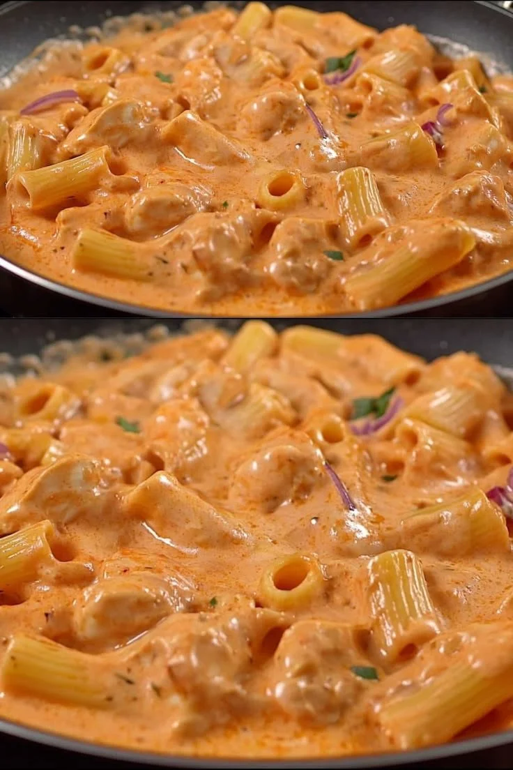 Cremige Pasta mit Tomatensoße auf einem Teller serviert