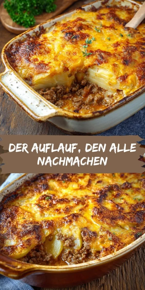 Leckerer Kartoffel Hackfleisch Auflauf auf einem Teller serviert