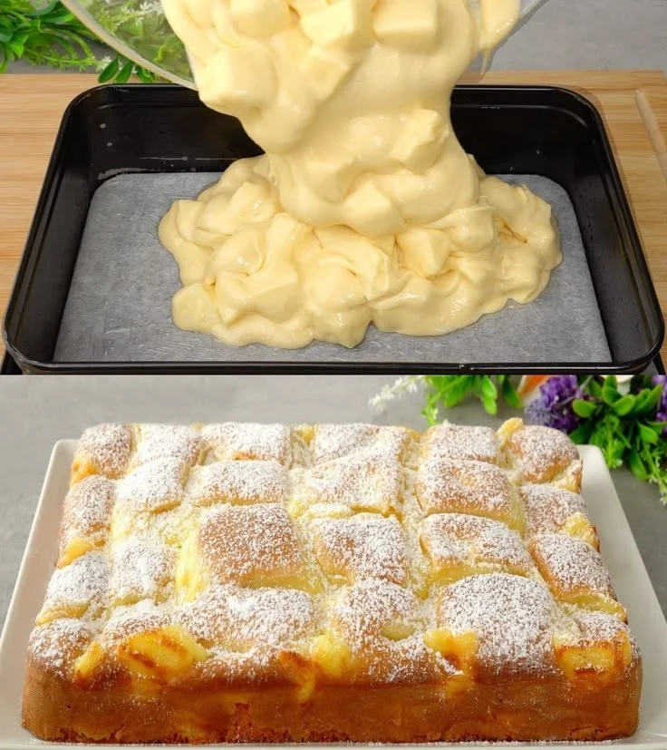 Saftiger Apfelkuchen mit cremigem Vanillepudding auf einem Teller