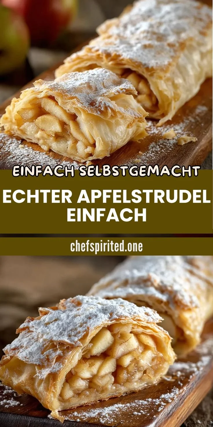 Echter Apfelstrudel einfach zubereitet mit Äpfeln und Zimt in einer goldbraunen Teighülle.
