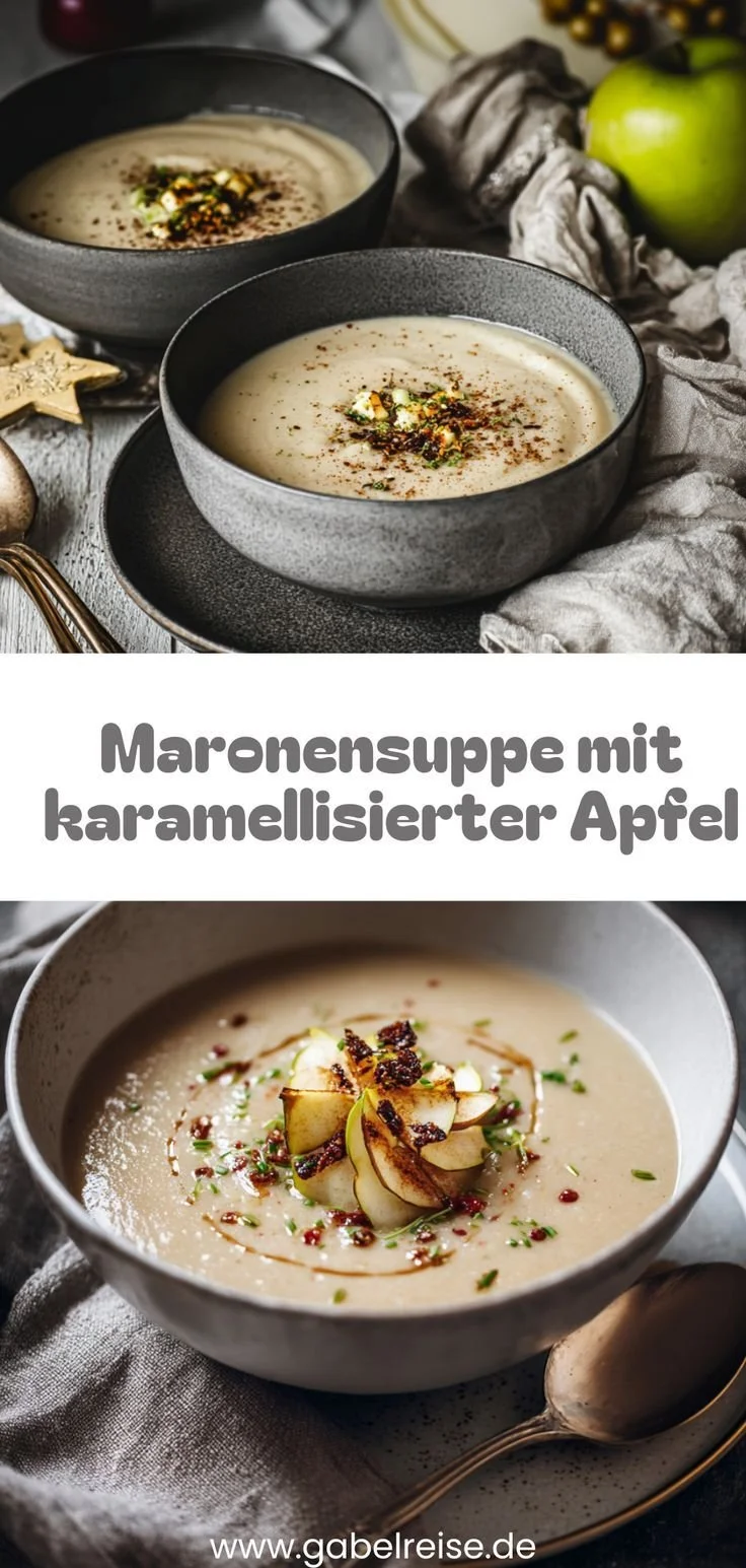 Schüssel mit edler Maronensuppe mit Apfel, schnell und einfach zubereitet.