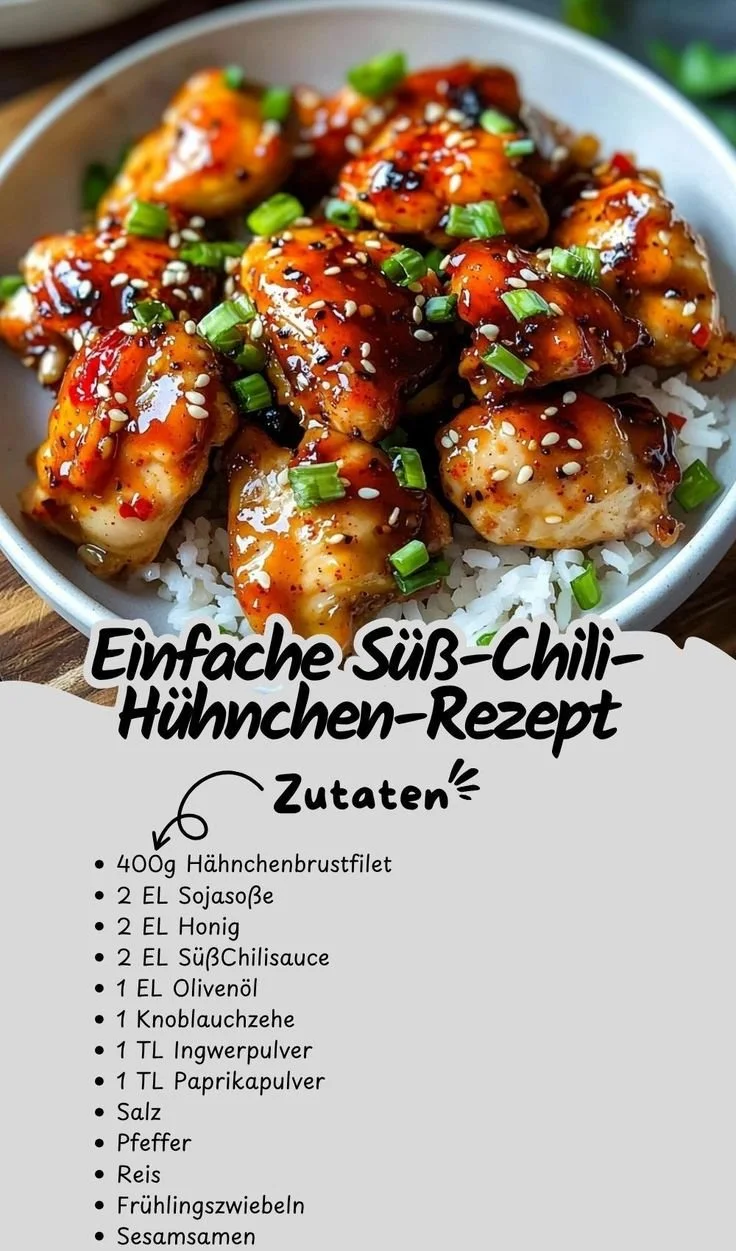 Süß-Chili-Hühnchen auf einem Teller mit frischem Gemüse