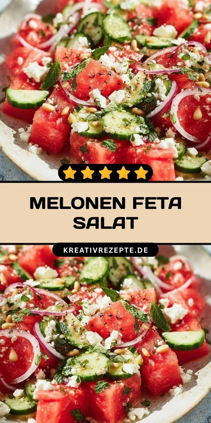 Leckerer Melonen Feta Salat in einer Schüssel auf Sommerhintergrund.