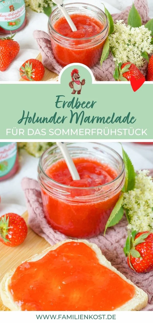 Erdbeermarmelade mit Holunderblüten in einem Glas