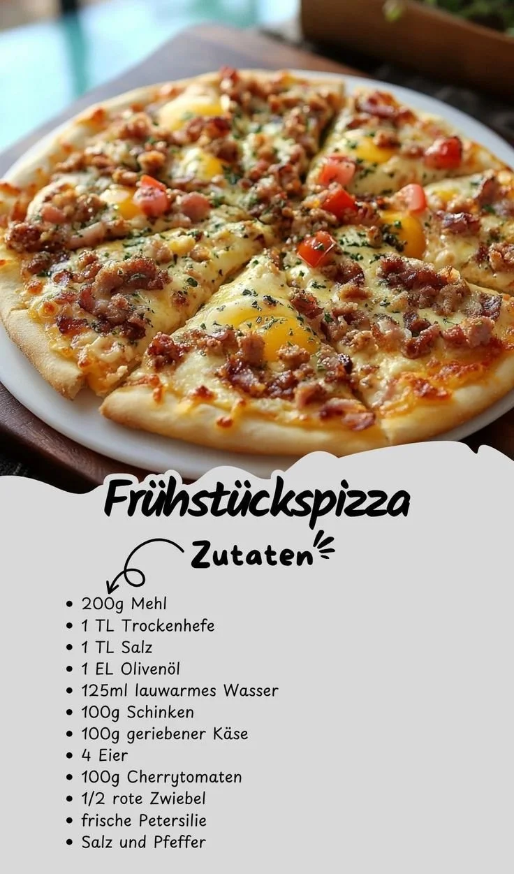 Leckere Frühstückspizza mit Ei und Gemüse auf einem knusprigen Boden