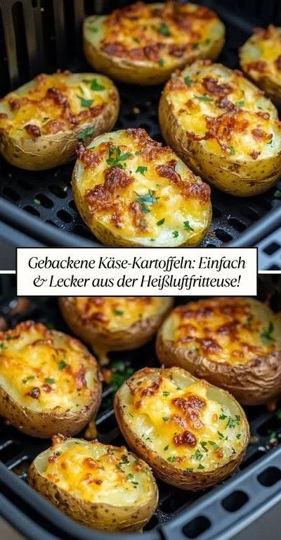 Gebackene Käse-Kartoffeln aus der Heißluftfritteuse, knusprig und cremig.