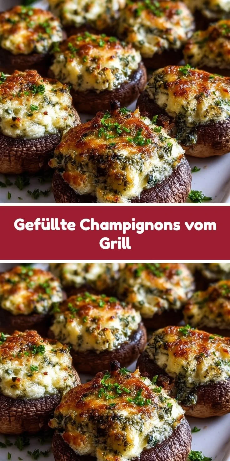 Gefüllte Champignons vom Grill, vegetarische Snacks für BBQ