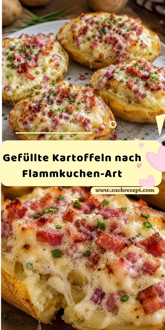 Gefüllte Kartoffeln nach Flammkuchen-Art auf einem Teller