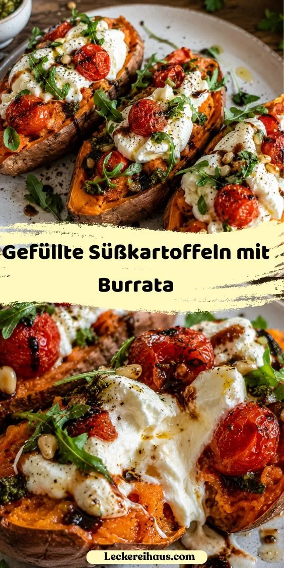 Gefüllte Süßkartoffeln mit Burrata auf einem Teller serviert