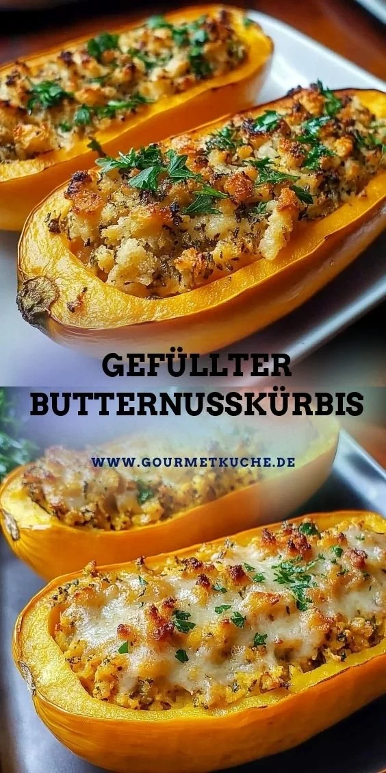 Gefüllter Butternusskürbis mit frischen Zutaten und Gewürzen