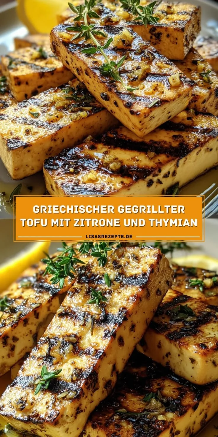 Griechischer gegrillter Tofu mit Zitrone und Thymian auf einem Teller