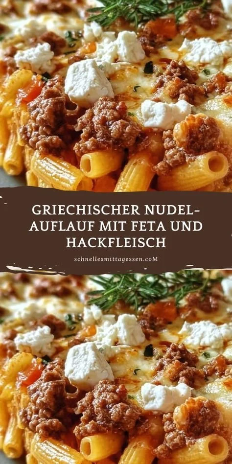 Griechischer Nudel-Auflauf mit Feta und Hackfleisch in einer Auflaufform