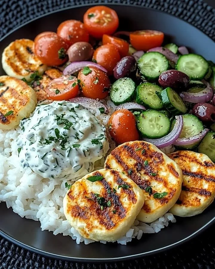 Grilled Halloumi Bowl mit Tzatziki und griechischem Salat auf einem Teller