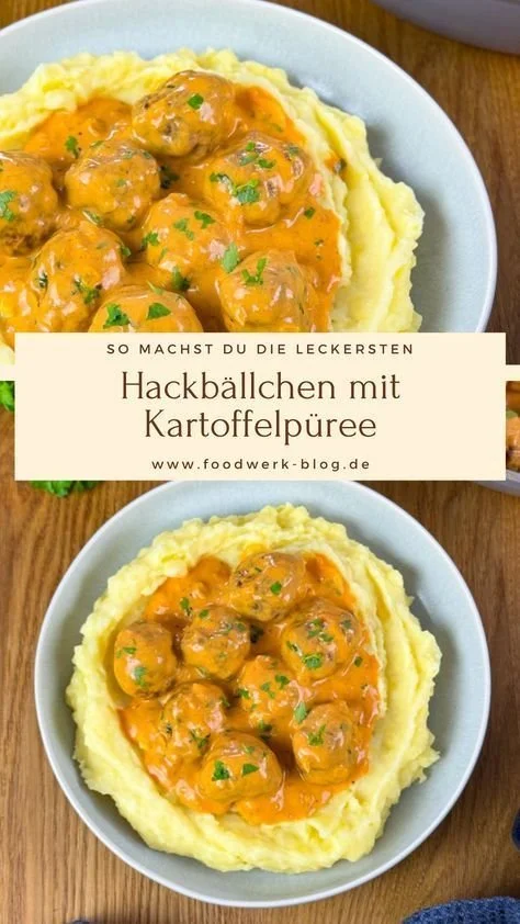 Hackbällchen in cremiger Sauce mit Kartoffelpüree auf einem Teller