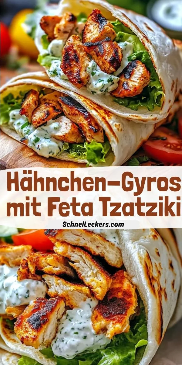 Leckeres Hähnchen-Gyros mit Feta-Tzatziki auf einem Teller serviert