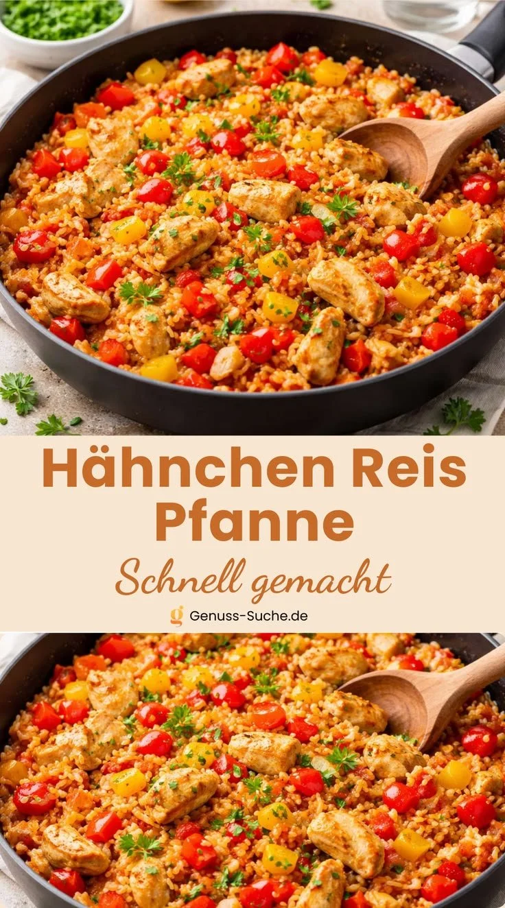 Einfache Zubereitung von Hähnchen Reis Pfanne in einer Pfanne mit frischen Zutaten