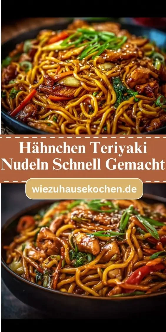 Hähnchen Teriyaki Nudeln auf einem Teller, leckeres und gesundes Abendessen Rezept
