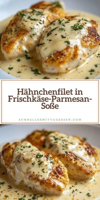 Hähnchenfilet in einer cremigen Frischkäse-Parmesan-Soße serviert