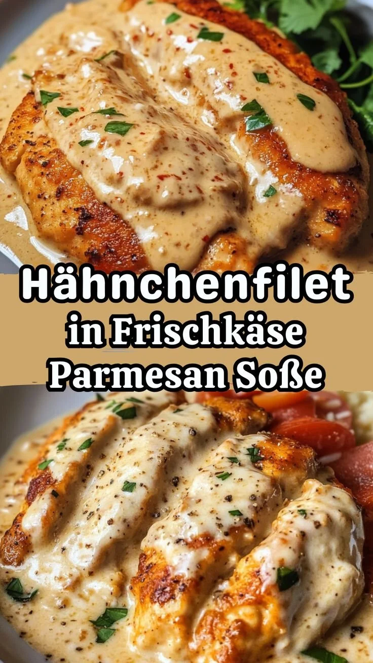 Hähnchenfilet in cremiger Frischkäse-Parmesan-Soße auf einem Teller serviert.