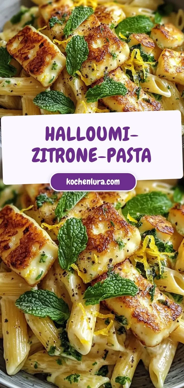 Halloumi-Pasta mit Zitronenzeste auf einem Teller serviert.