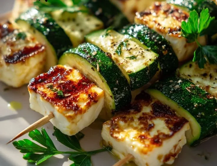 Gegrillte Halloumi-Zucchini-Spieße auf einem Teller, ideal für eine gesunde Mahlzeit.