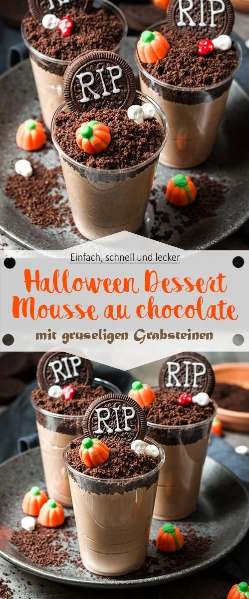 Schaurige Grabstein Mousse au chocolate als Halloween Dessert