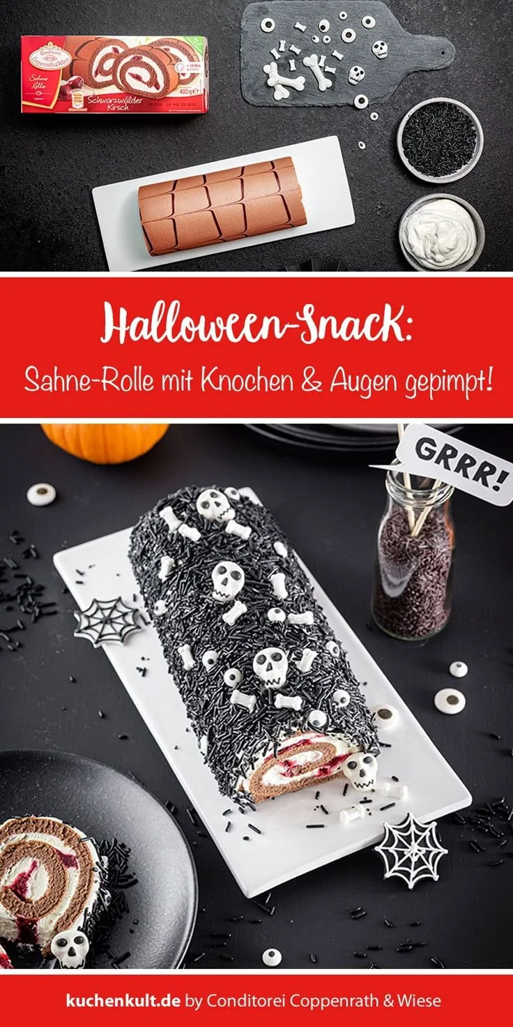 Halloween-Sahne-Rolle dekoriert mit gruseligen Süßigkeiten