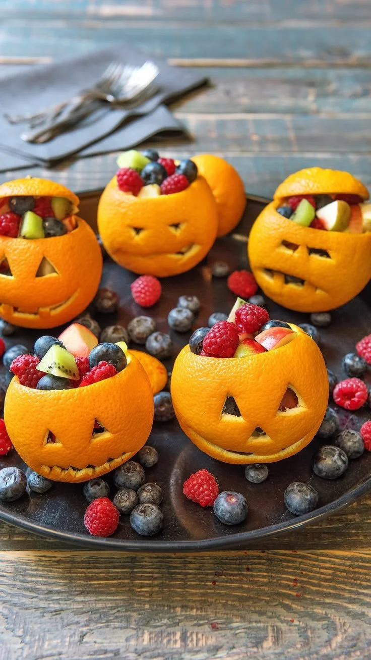 Gruselige Halloween Snacks auf einem Tisch angerichtet