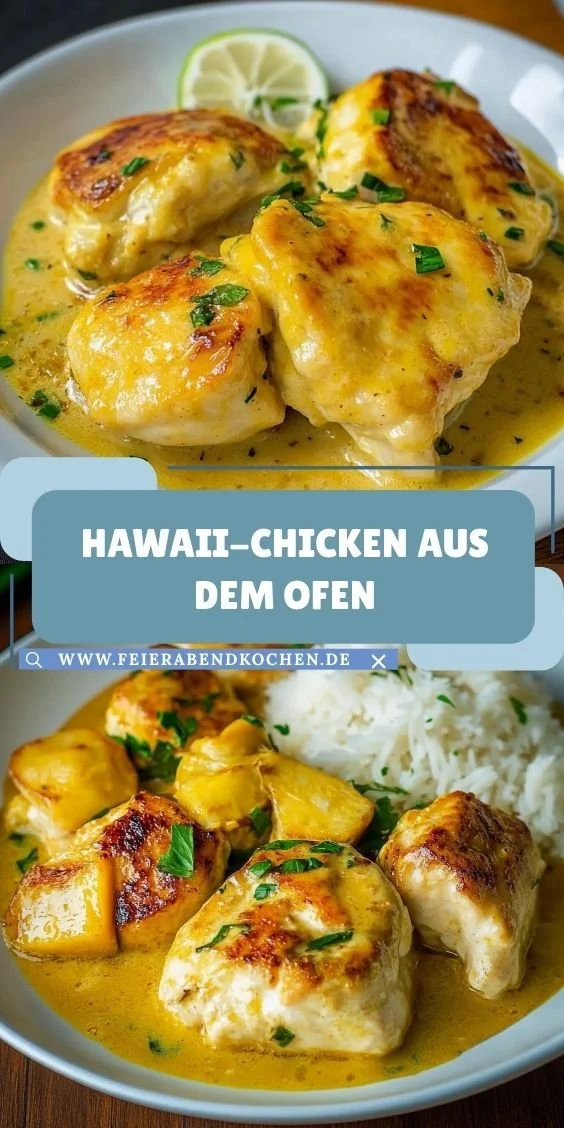 Hawaii-Chicken aus dem Ofen mit Ananas und Paprika auf einem Teller serviert