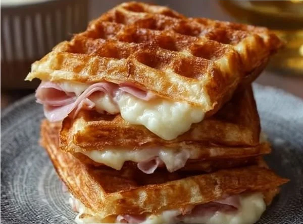 Herzhafte Waffeln mit Schinken und Käse auf einem Teller serviert