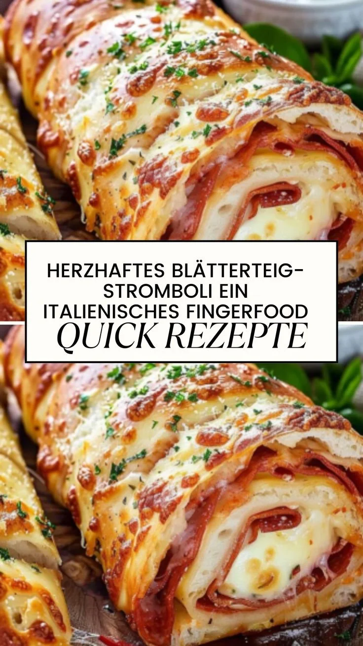 Herzhaftes Blätterteig-Stromboli auf einem Holzbrett serviert.