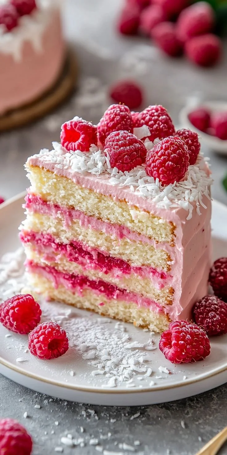 Himbeer-Raffaello-Torte mit frischen Himbeeren und Kokosraspeln