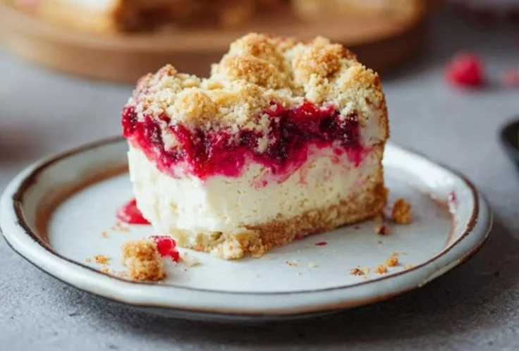 Himbeer Streusel Kuchen mit Joghurt Cheesecake auf einem Teller