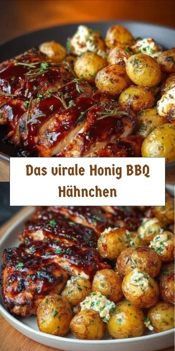 Honig BBQ Hähnchen mit Parmesan Kartoffeln auf einem Grill serviert