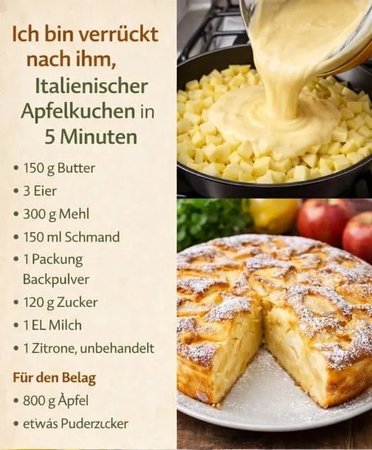 Italienischer Apfelkuchen, schnell und lecker in 5 Minuten zubereitet.