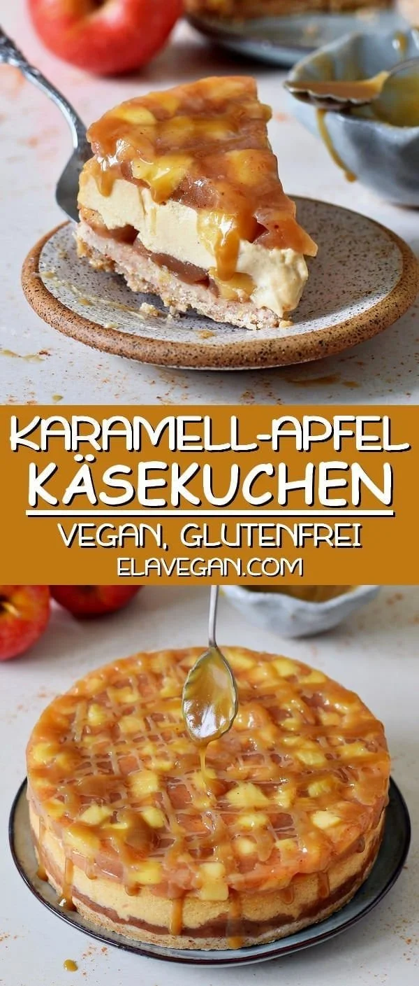 Veganer, glutenfreier Karamell-Apfel-Käsekuchen mit frischen Äpfeln