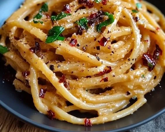 Schale Karottenzwiebel-Pasta mit Chiliöl, ein leckeres Gericht.