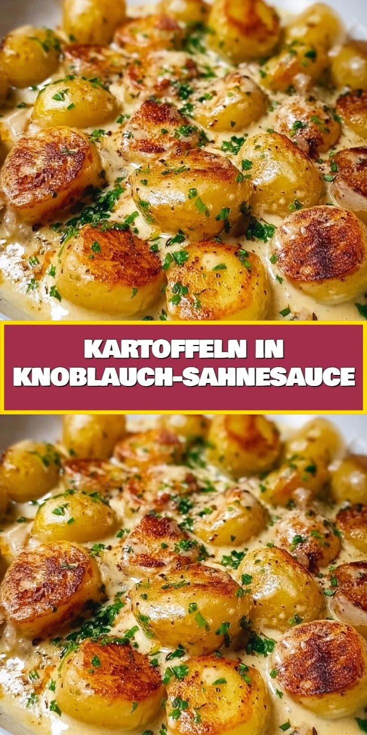 Schnelles Rezept für Kartoffeln in Knoblauch Sahnesauce auf einem Teller