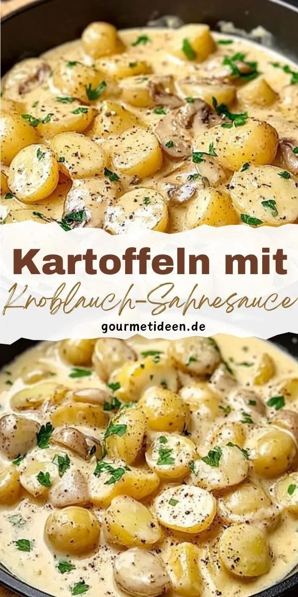 Kartoffeln mit Knoblauch-Sahnesauce auf einem Teller serviert