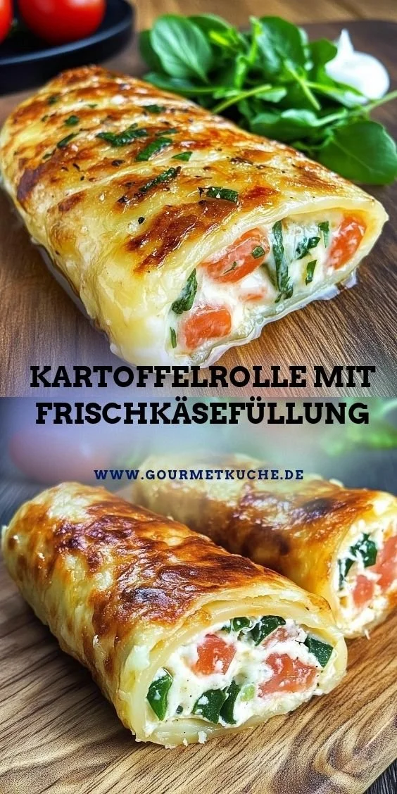 Kartoffelrolle mit Frischkäsefüllung auf einem Teller angerichtet