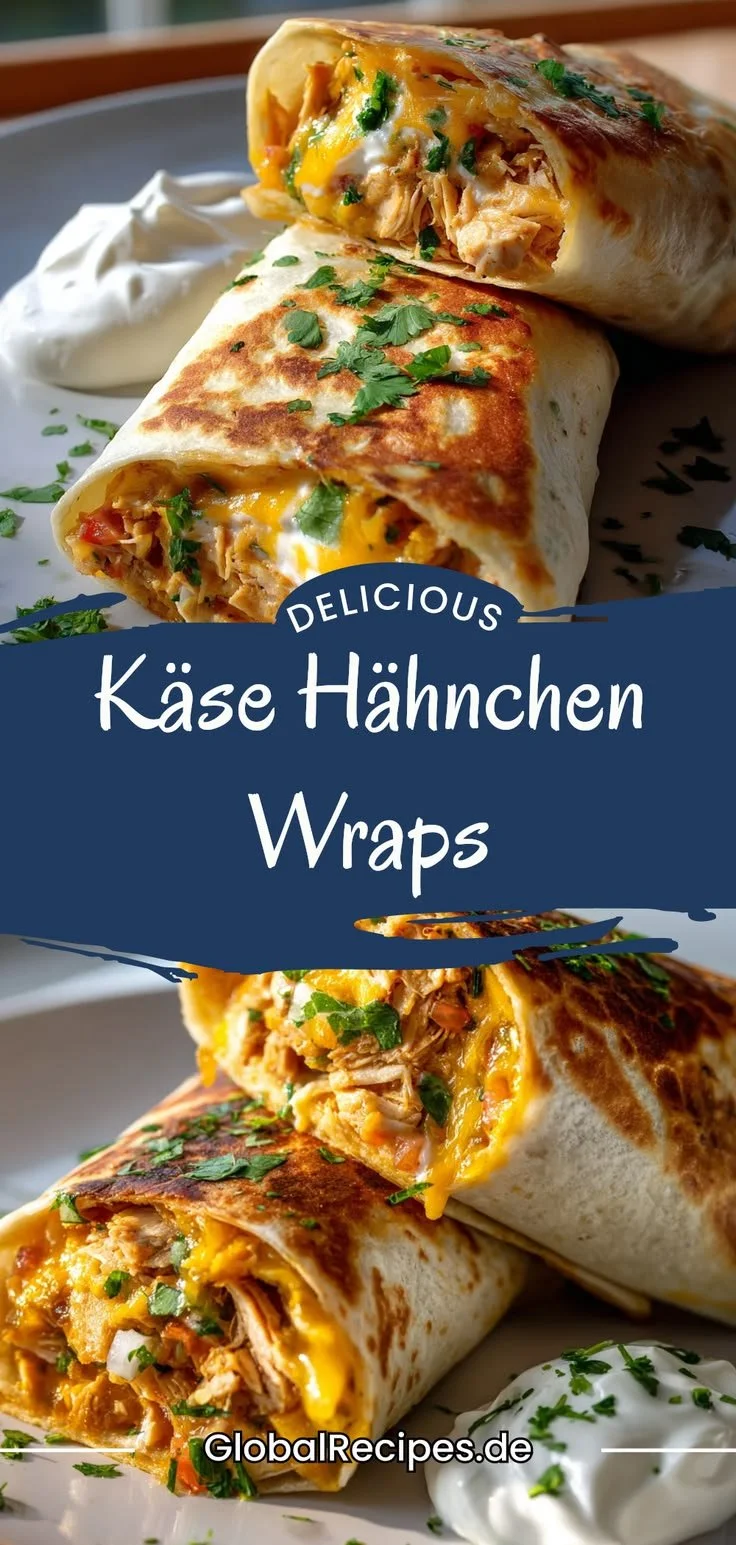Käse Hähnchen Wraps mit frischen Zutaten auf einem Holzbrett